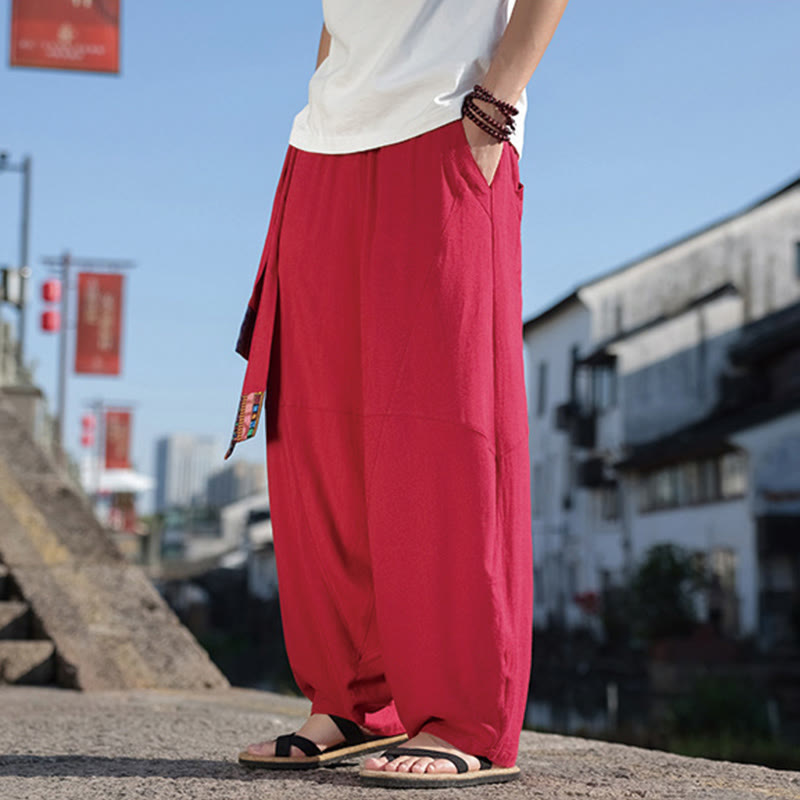 Pantalon large en coton avec cordon de serrage et poches pour homme, motif patchwork simple à motifs de Buddha Stones