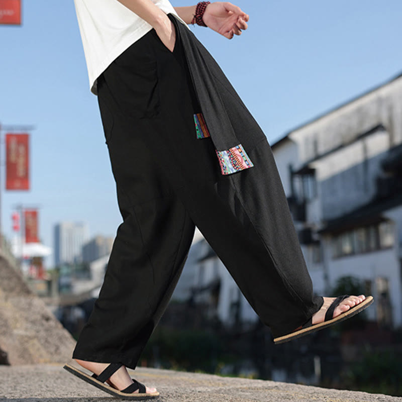 Pantalon large en coton avec cordon de serrage et poches pour homme, motif patchwork simple à motifs de Buddha Stones
