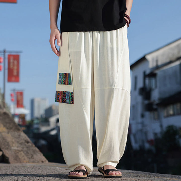 Pantalon large en coton avec cordon de serrage et poches pour homme, motif patchwork simple à motifs de Buddha Stones