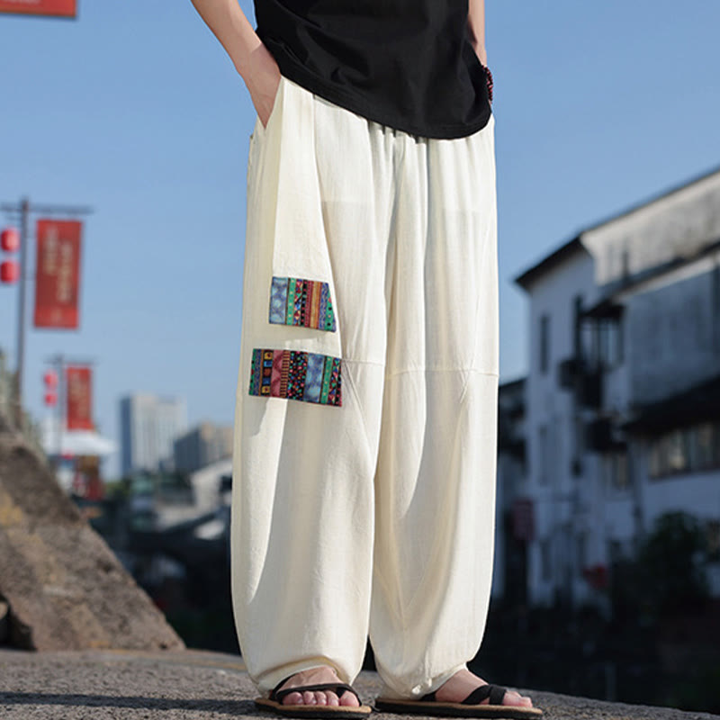 Pantalon large en coton avec cordon de serrage et poches pour homme, motif patchwork simple à motifs de Buddha Stones