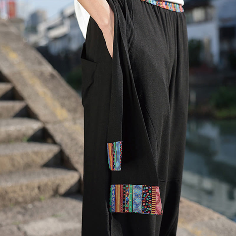 Pantalon large en coton avec cordon de serrage et poches pour homme, motif patchwork simple à motifs de Buddha Stones