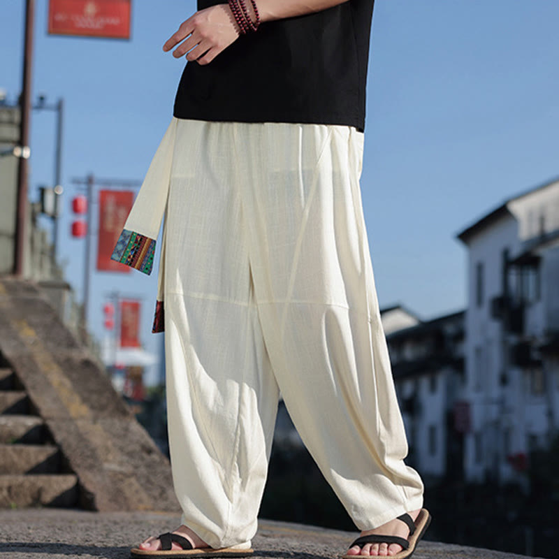 Pantalon large en coton avec cordon de serrage et poches pour homme, motif patchwork simple à motifs de Buddha Stones
