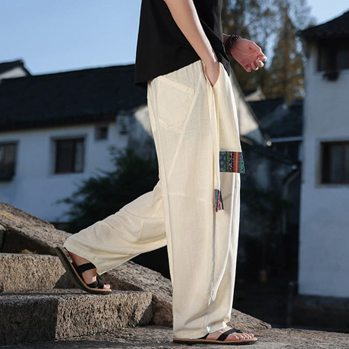 Pantalon large en coton avec cordon de serrage et poches pour homme, motif patchwork simple à motifs de Buddha Stones