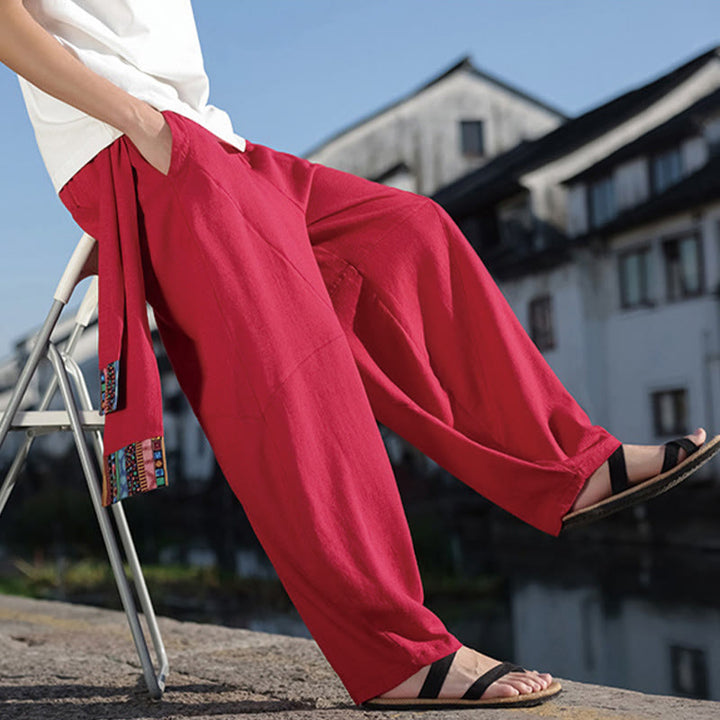 Pantalon large en coton avec cordon de serrage et poches pour homme, motif patchwork simple à motifs de Buddha Stones
