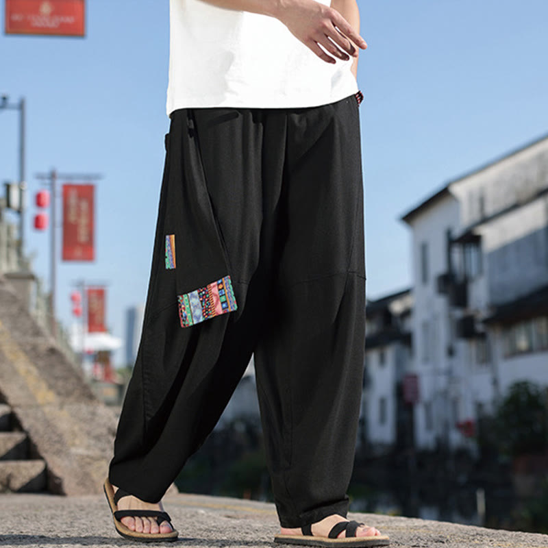 Pantalon large en coton avec cordon de serrage et poches pour homme, motif patchwork simple à motifs de Buddha Stones