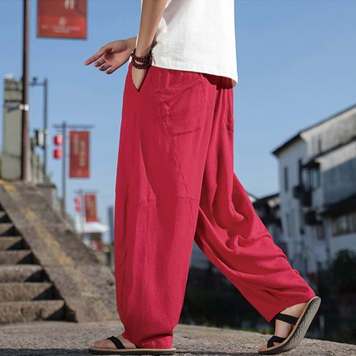 Pantalon large en coton avec cordon de serrage et poches pour homme, motif patchwork simple à motifs de Buddha Stones