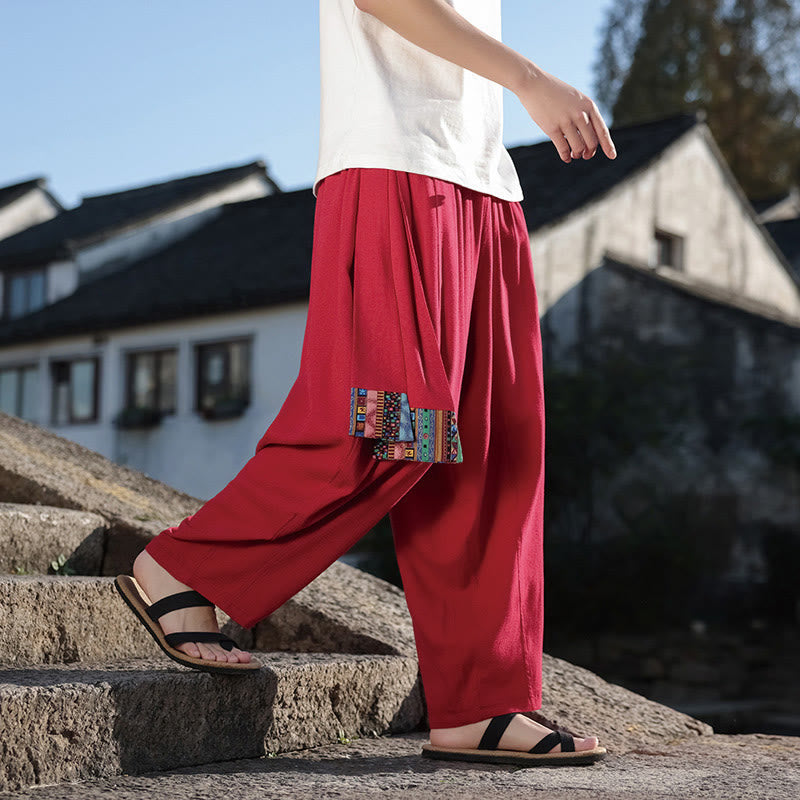Pantalon large en coton avec cordon de serrage et poches pour homme, motif patchwork simple à motifs de Buddha Stones