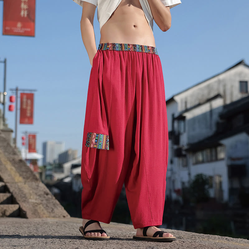 Pantalon large en coton avec cordon de serrage et poches pour homme, motif patchwork simple à motifs de Buddha Stones