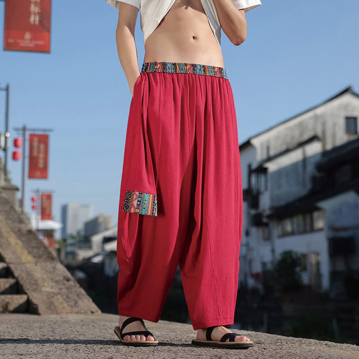 Pantalon large en coton avec cordon de serrage et poches pour homme, motif patchwork simple à motifs de Buddha Stones