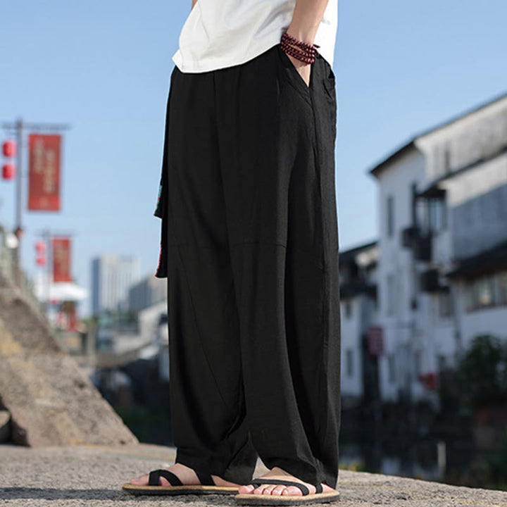Pantalon large en coton avec cordon de serrage et poches pour homme, motif patchwork simple à motifs de Buddha Stones - image 1