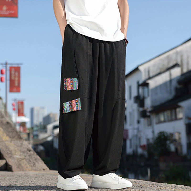 Pantalon large en coton avec cordon de serrage et poches pour homme, motif patchwork simple à motifs de Buddha Stones