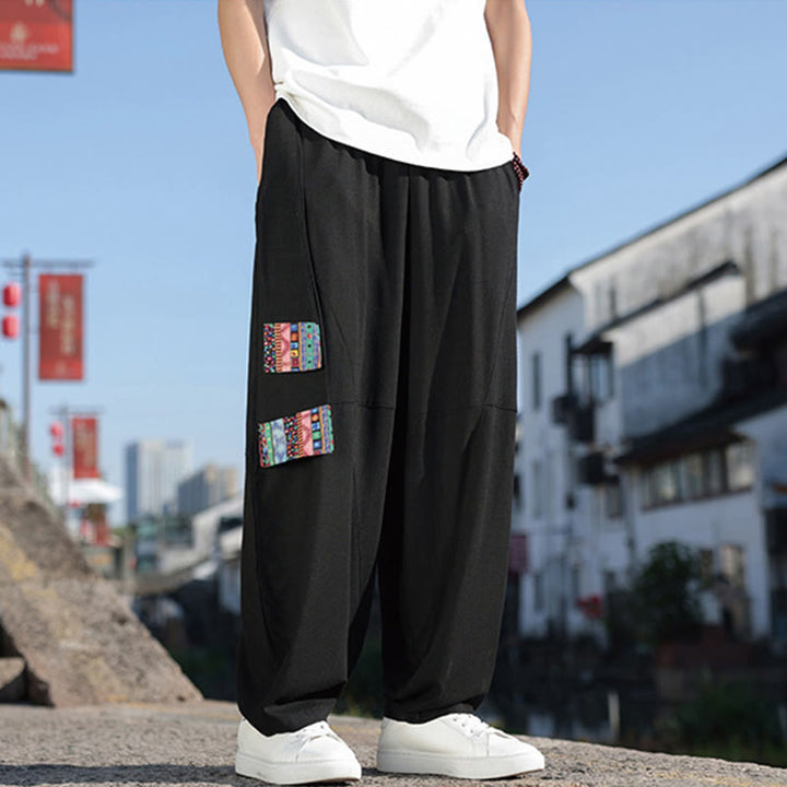 Pantalon large en coton avec cordon de serrage et poches pour homme, motif patchwork simple à motifs de Buddha Stones