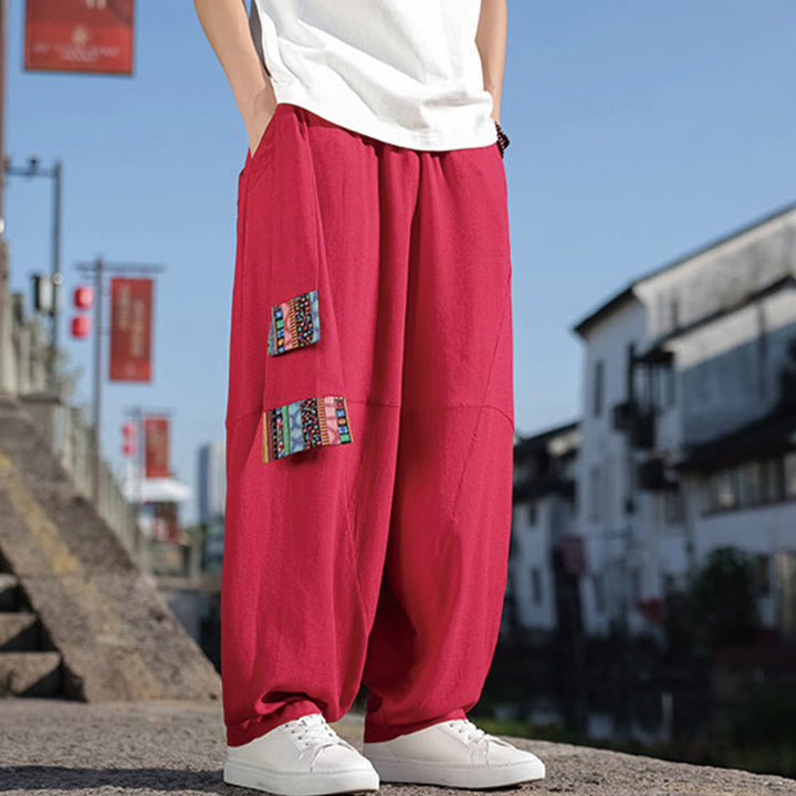 Pantalon large en coton avec cordon de serrage et poches pour homme, motif patchwork simple à motifs de Buddha Stones
