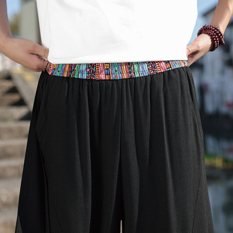 Pantalon large en coton avec cordon de serrage et poches pour homme, motif patchwork simple à motifs de Buddha Stones