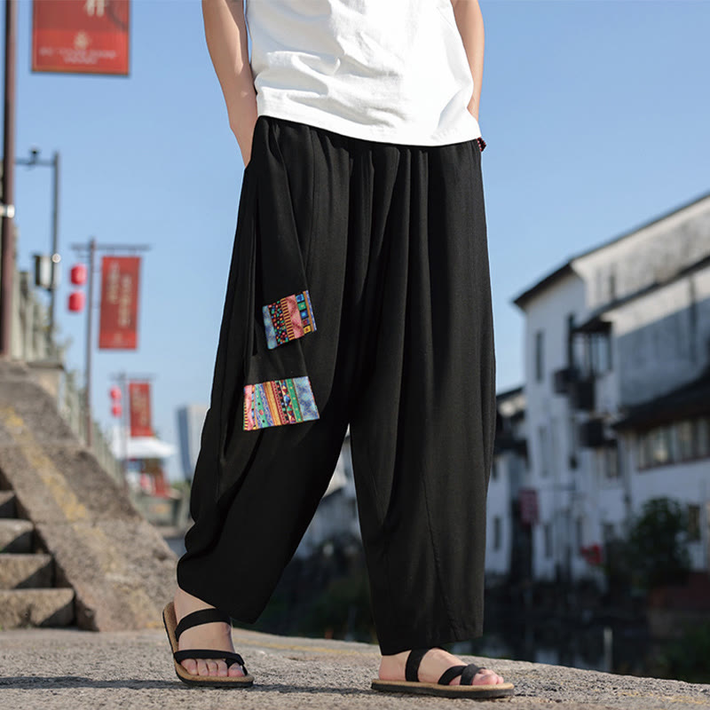 Pantalon large en coton avec cordon de serrage et poches pour homme, motif patchwork simple à motifs de Buddha Stones