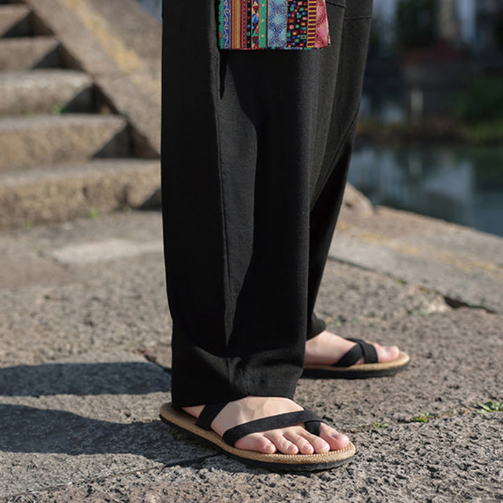 Pantalon large en coton avec cordon de serrage et poches pour homme, motif patchwork simple à motifs de Buddha Stones