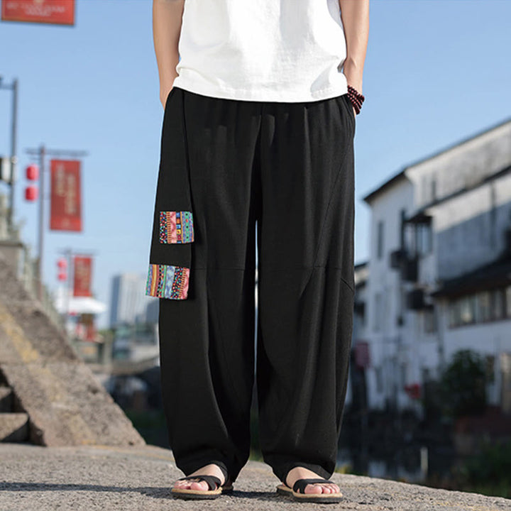 Pantalon large en coton avec cordon de serrage et poches pour homme, motif patchwork simple à motifs de Buddha Stones
