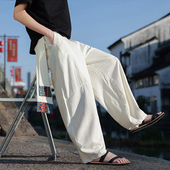 Pantalon large en coton avec cordon de serrage et poches pour homme, motif patchwork simple à motifs de Buddha Stones