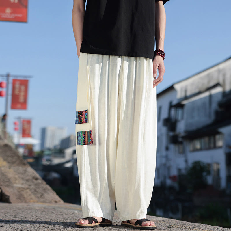 Pantalon large en coton avec cordon de serrage et poches pour homme, motif patchwork simple à motifs de Buddha Stones