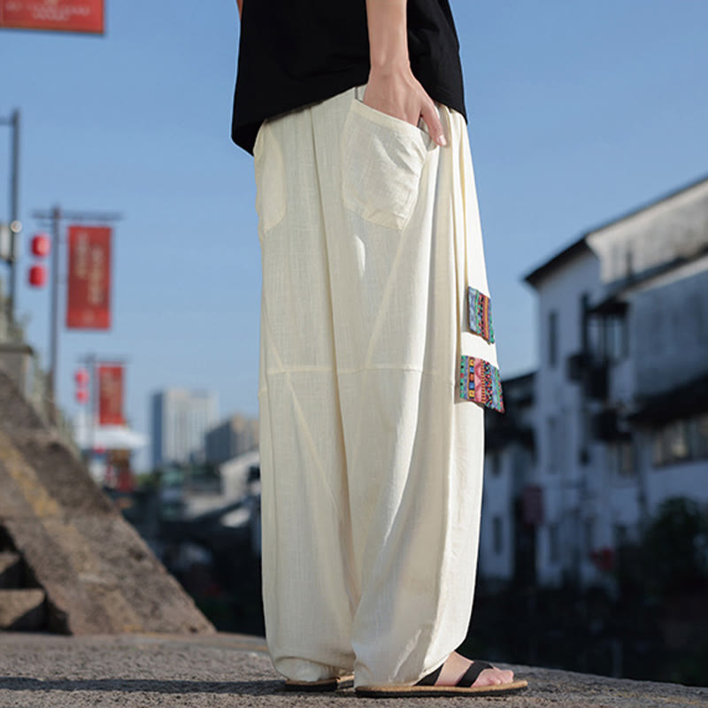 Pantalon large en coton avec cordon de serrage et poches pour homme, motif patchwork simple à motifs de Buddha Stones