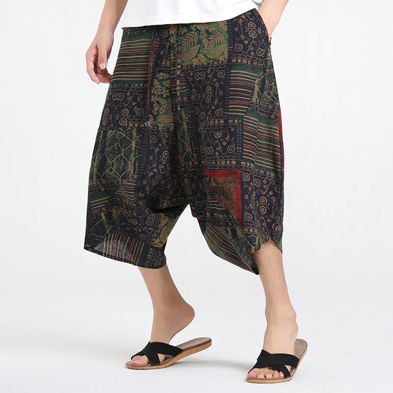 Sarouel en coton pour homme avec cordon de serrage et poches, motif ethnique Buddha Stones , longueur 7-8
