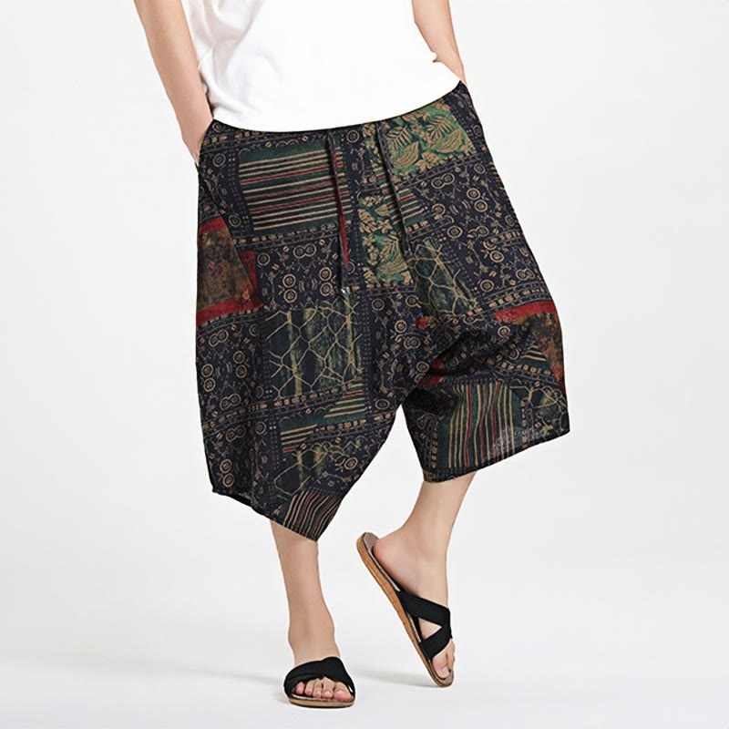 Sarouel en coton pour homme avec cordon de serrage et poches, motif ethnique Buddha Stones , longueur 7-8