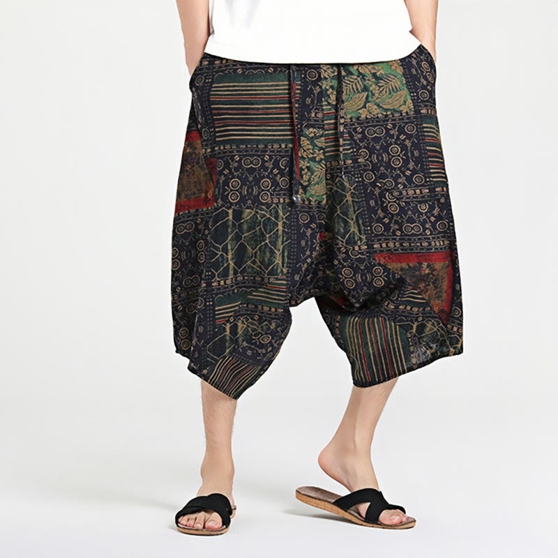 Sarouel en coton pour homme avec cordon de serrage et poches, motif ethnique Buddha Stones , longueur 7-8