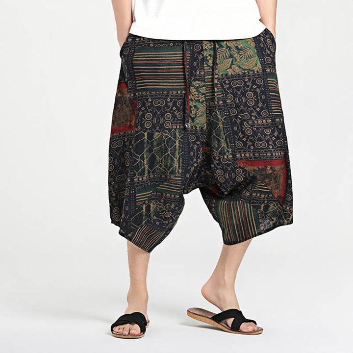 Sarouel en coton pour homme avec cordon de serrage et poches, motif ethnique Buddha Stones , longueur 7-8