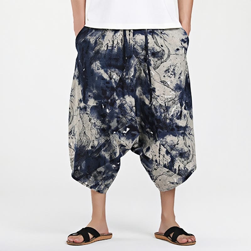 Sarouel en coton pour homme avec cordon de serrage et poches, motif ethnique Buddha Stones , longueur 7-8