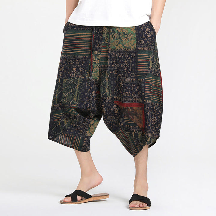 Sarouel en coton pour homme avec cordon de serrage et poches, motif ethnique Buddha Stones , longueur 7-8