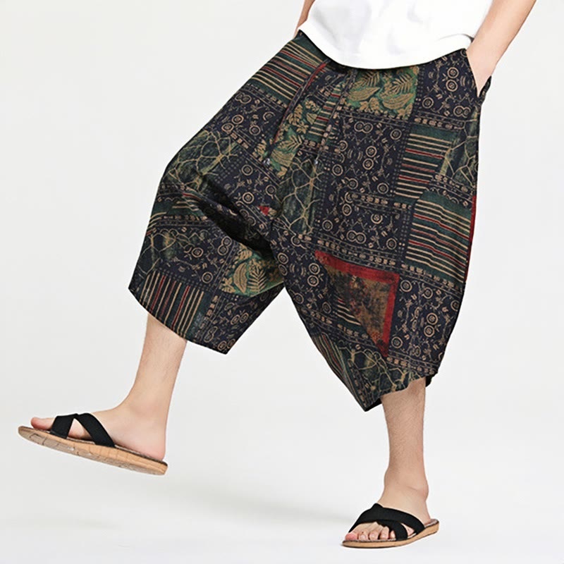 Sarouel en coton pour homme avec cordon de serrage et poches, motif ethnique Buddha Stones , longueur 7-8