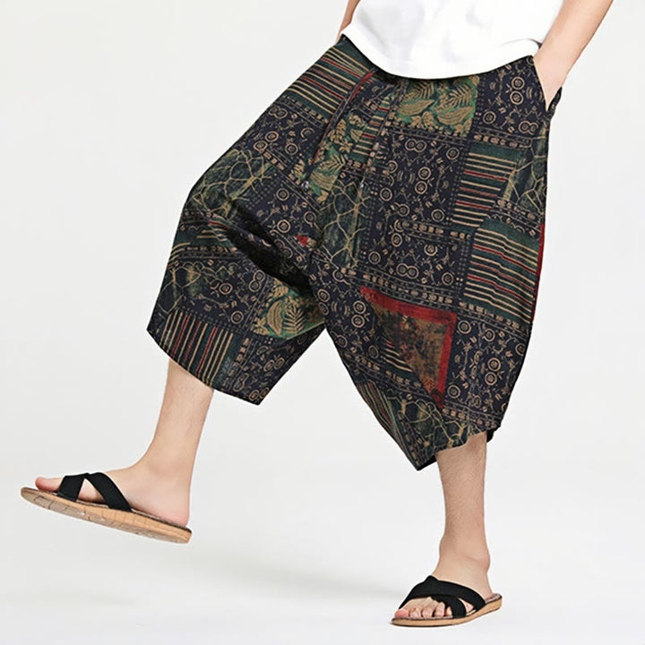Sarouel en coton pour homme avec cordon de serrage et poches, motif ethnique Buddha Stones , longueur 7-8