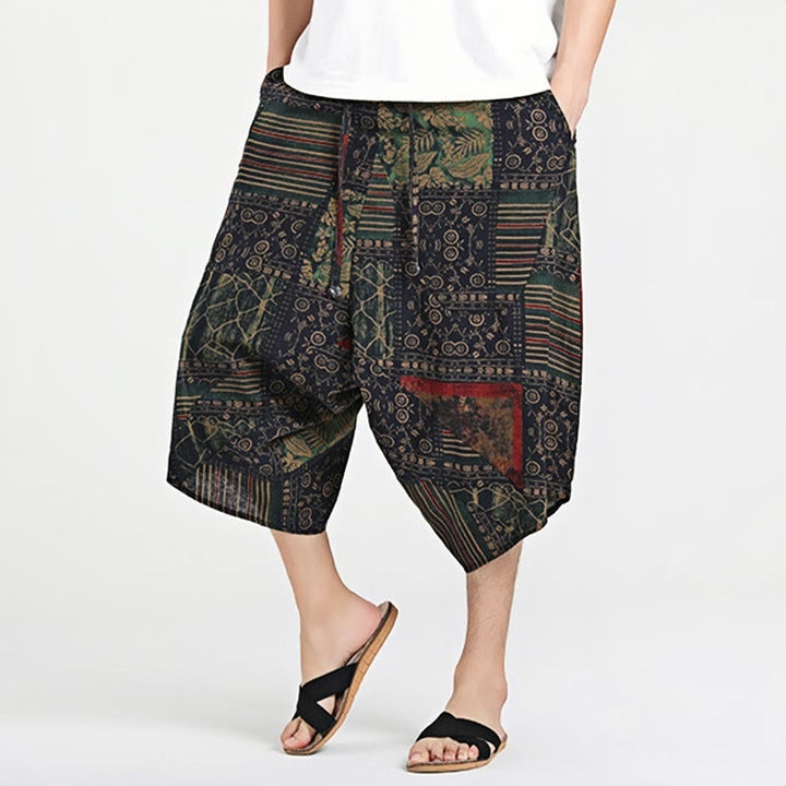 Sarouel en coton pour homme avec cordon de serrage et poches, motif ethnique Buddha Stones , longueur 7-8