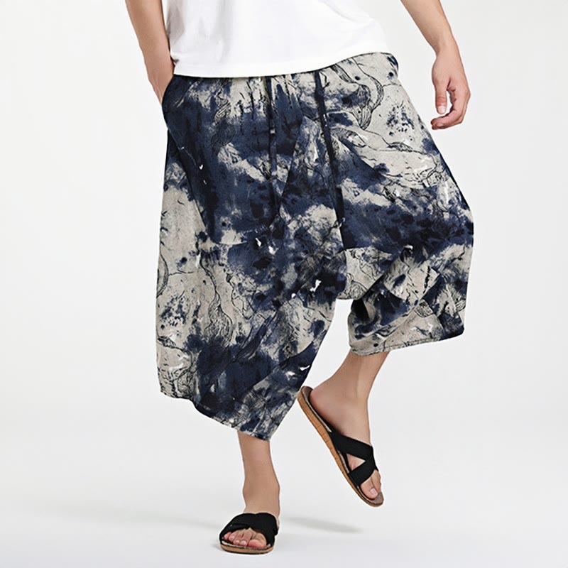 Sarouel en coton pour homme avec cordon de serrage et poches, motif ethnique Buddha Stones , longueur 7-8