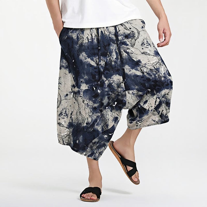 Sarouel en coton pour homme avec cordon de serrage et poches, motif ethnique Buddha Stones , longueur 7-8