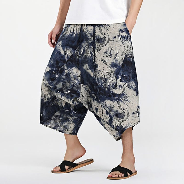 Sarouel en coton pour homme avec cordon de serrage et poches, motif ethnique Buddha Stones , longueur 7-8