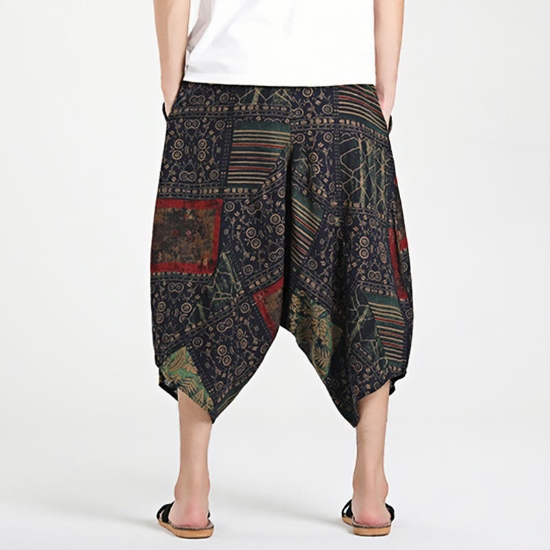 Sarouel en coton pour homme avec cordon de serrage et poches, motif ethnique Buddha Stones , longueur 7-8