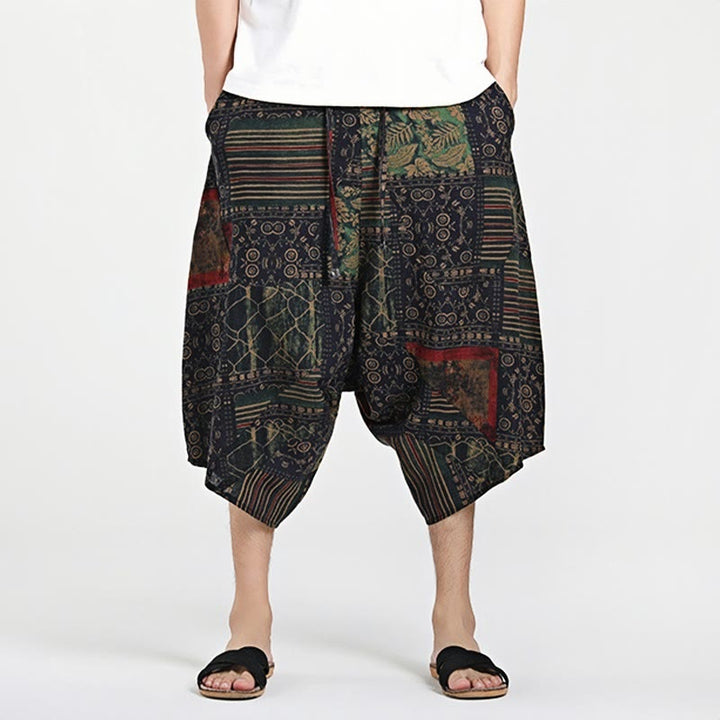 Sarouel en coton pour homme avec cordon de serrage et poches, motif ethnique Buddha Stones , longueur 7-8