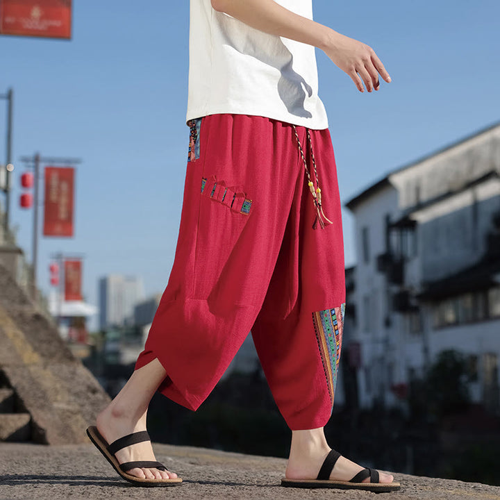 Pantalon large en coton avec cordon de serrage et poches pour homme, motif patchwork bohème et Buddha Stones