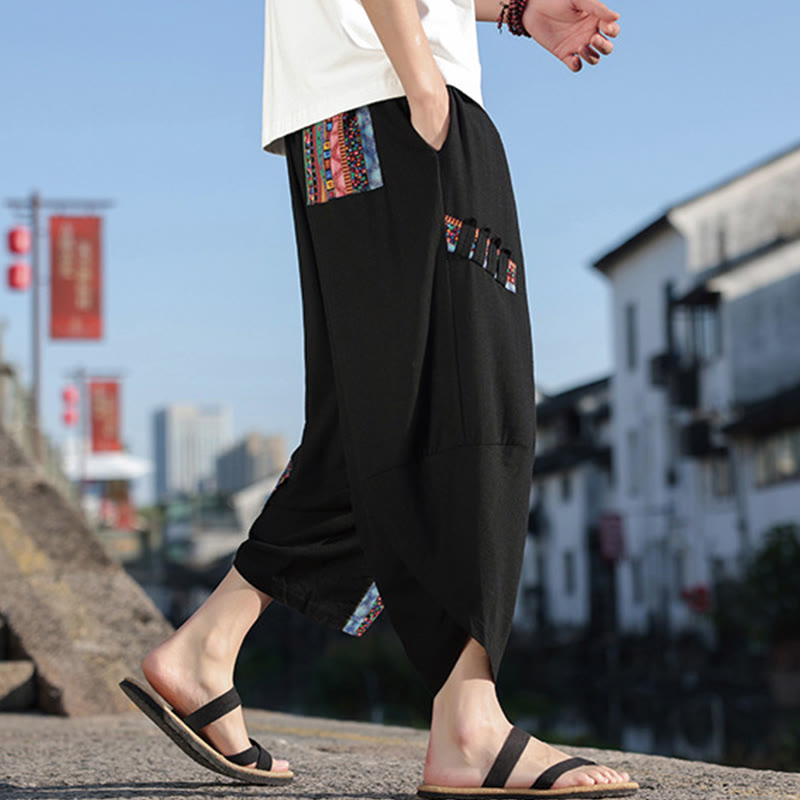 Pantalon large en coton avec cordon de serrage et poches pour homme, motif patchwork bohème et Buddha Stones - Noir - US/UK/AU46，EU56 (5XL) - image 0