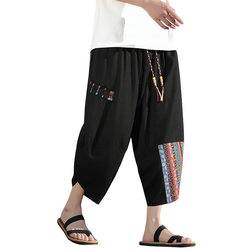 Pantalon large en coton avec cordon de serrage et poches pour homme, motif patchwork bohème et Buddha Stones