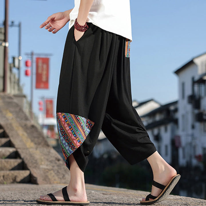 Pantalon large en coton avec cordon de serrage et poches pour homme, motif patchwork bohème et Buddha Stones