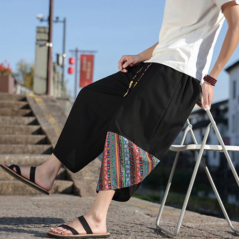 Pantalon large en coton avec cordon de serrage et poches pour homme, motif patchwork bohème et Buddha Stones
