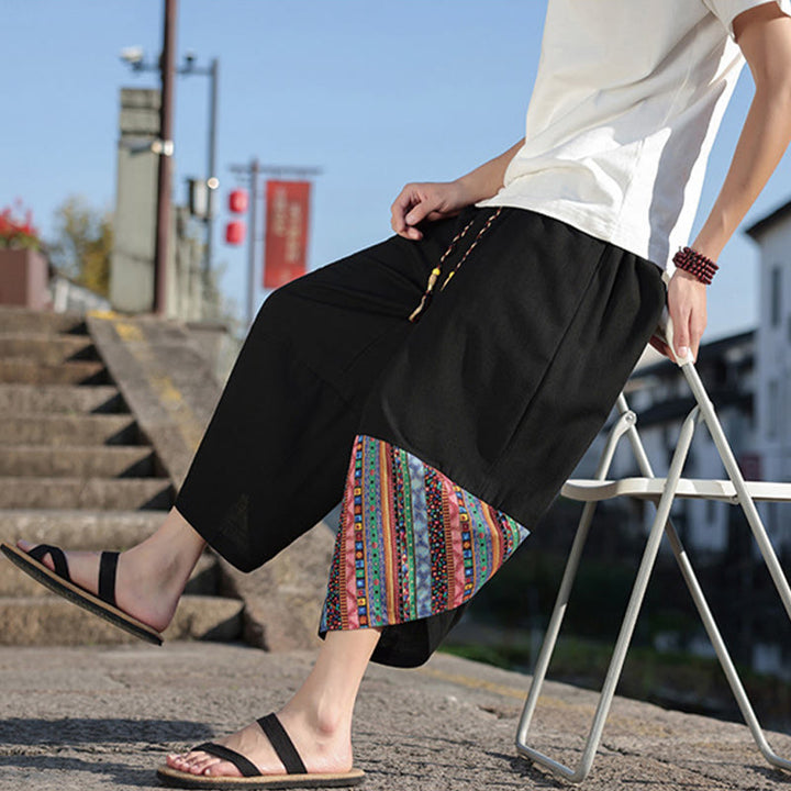 Pantalon large en coton avec cordon de serrage et poches pour homme, motif patchwork bohème et Buddha Stones