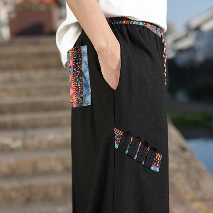 Pantalon large en coton avec cordon de serrage et poches pour homme, motif patchwork bohème et Buddha Stones