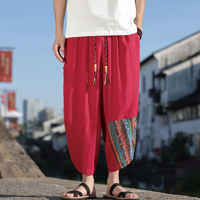Pantalon large en coton avec cordon de serrage et poches pour homme, motif patchwork bohème et Buddha Stones