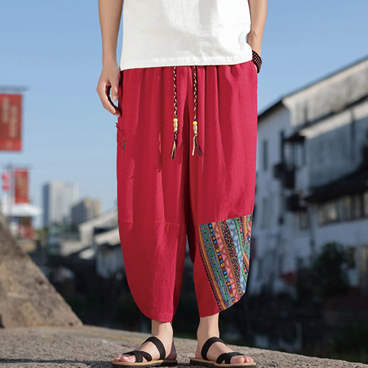 Pantalon large en coton avec cordon de serrage et poches pour homme, motif patchwork bohème et Buddha Stones
