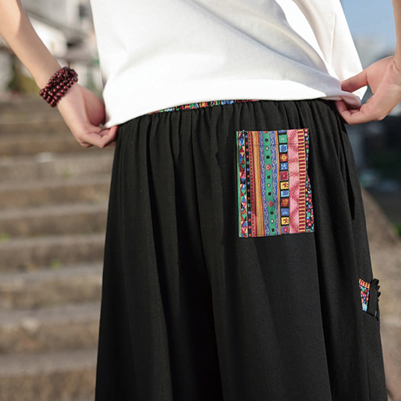 Pantalon large en coton avec cordon de serrage et poches pour homme, motif patchwork bohème et Buddha Stones