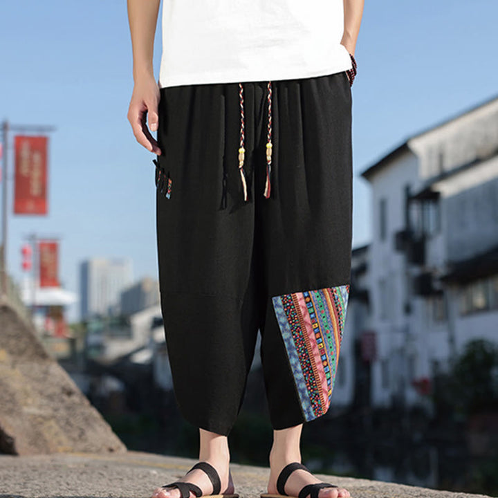 Pantalon large en coton avec cordon de serrage et poches pour homme, motif patchwork bohème et Buddha Stones