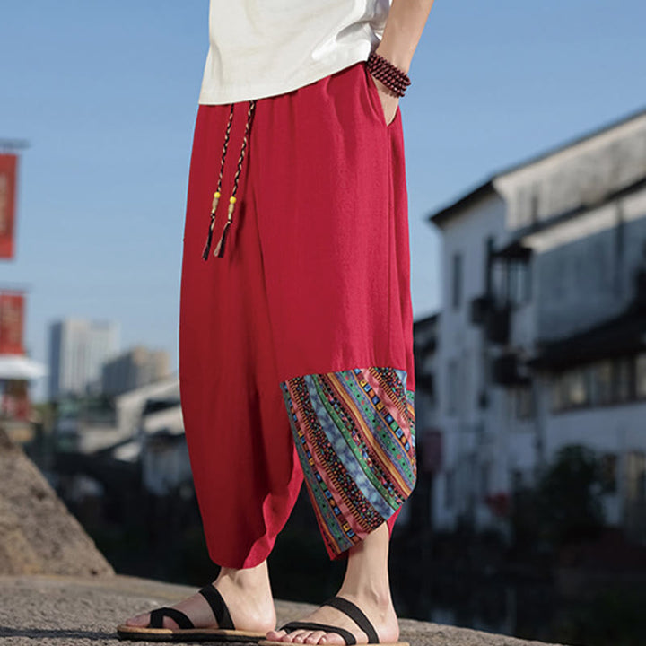 Pantalon large en coton avec cordon de serrage et poches pour homme, motif patchwork bohème et Buddha Stones